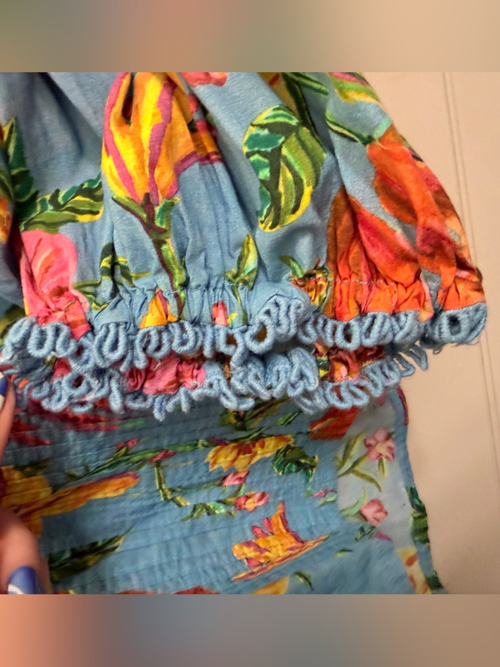 FARM Rio Blue Floral Lace-Trim Puff Sleeve Blouse - Picture 8 of 14